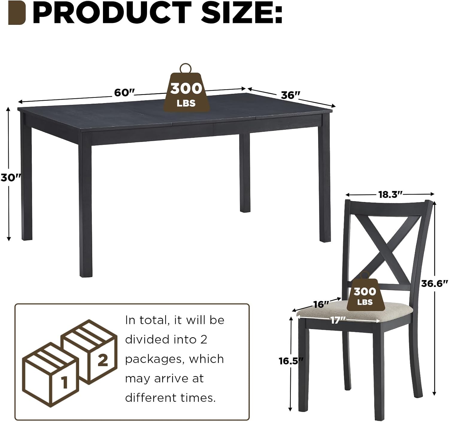 LUXOAK 7-Piece Solid Wood Dining Table Set, 60' Farmhouse Dining Table with 6 Chairs, Rectangular Table Set for 6, Kitchen & Dining Room Furniture, Grey & White