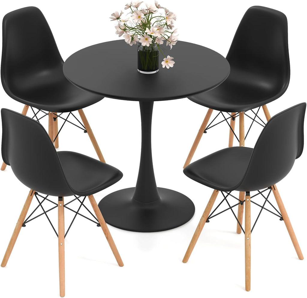 Tangkula Round Dining Table Set for 4, Kitchen Table Set with Seat & Solid Wood Legs, Round Kitchen Table and Chairs for Small Space, Black