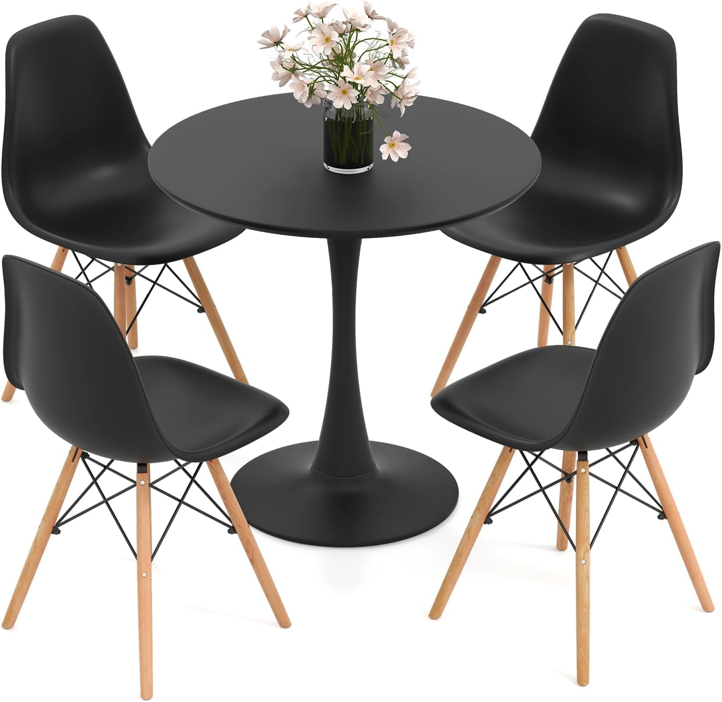 Tangkula Round Dining Table Set for 4, Kitchen Table Set with Seat & Solid Wood Legs, Round Kitchen Table and Chairs for Small Space, Black