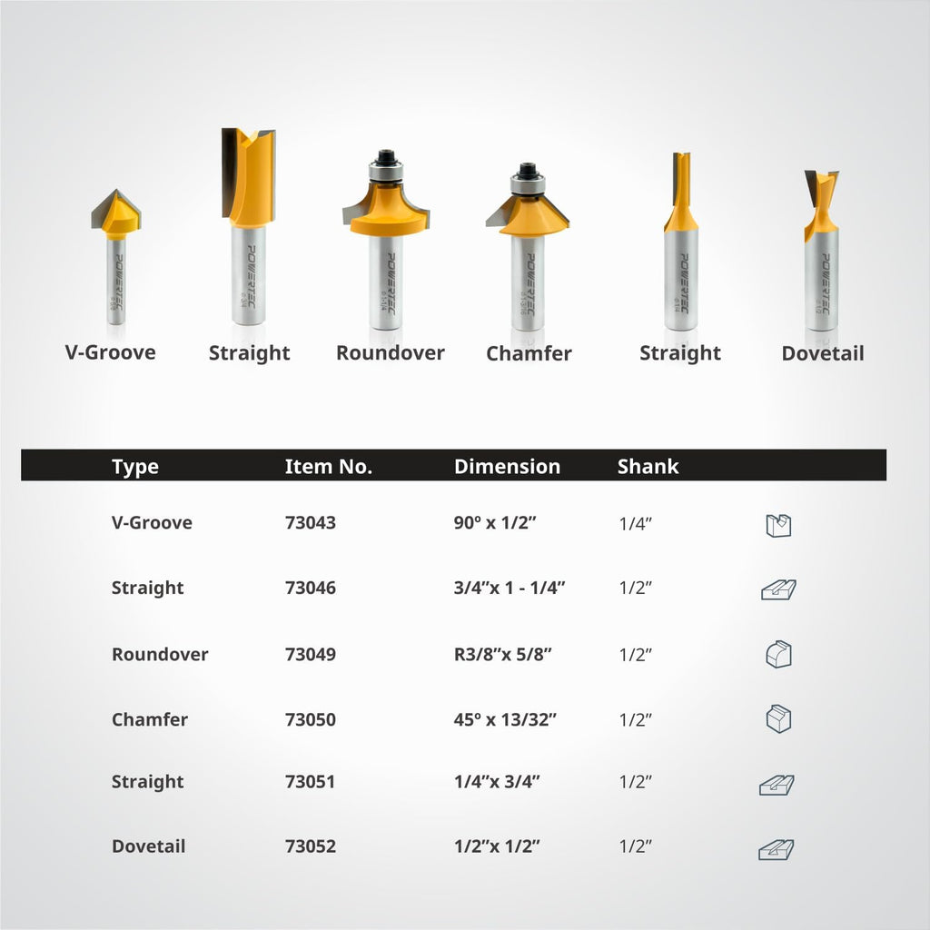 POWERTEC 10-Piece Carbide Tipped Router Bit Set, 1/2' and 1/4' Shank Router Bits for DIY and Various Woodworking Projects. Includes Flush Trim, Roundover, Dovetail, Core Box and More (73010)