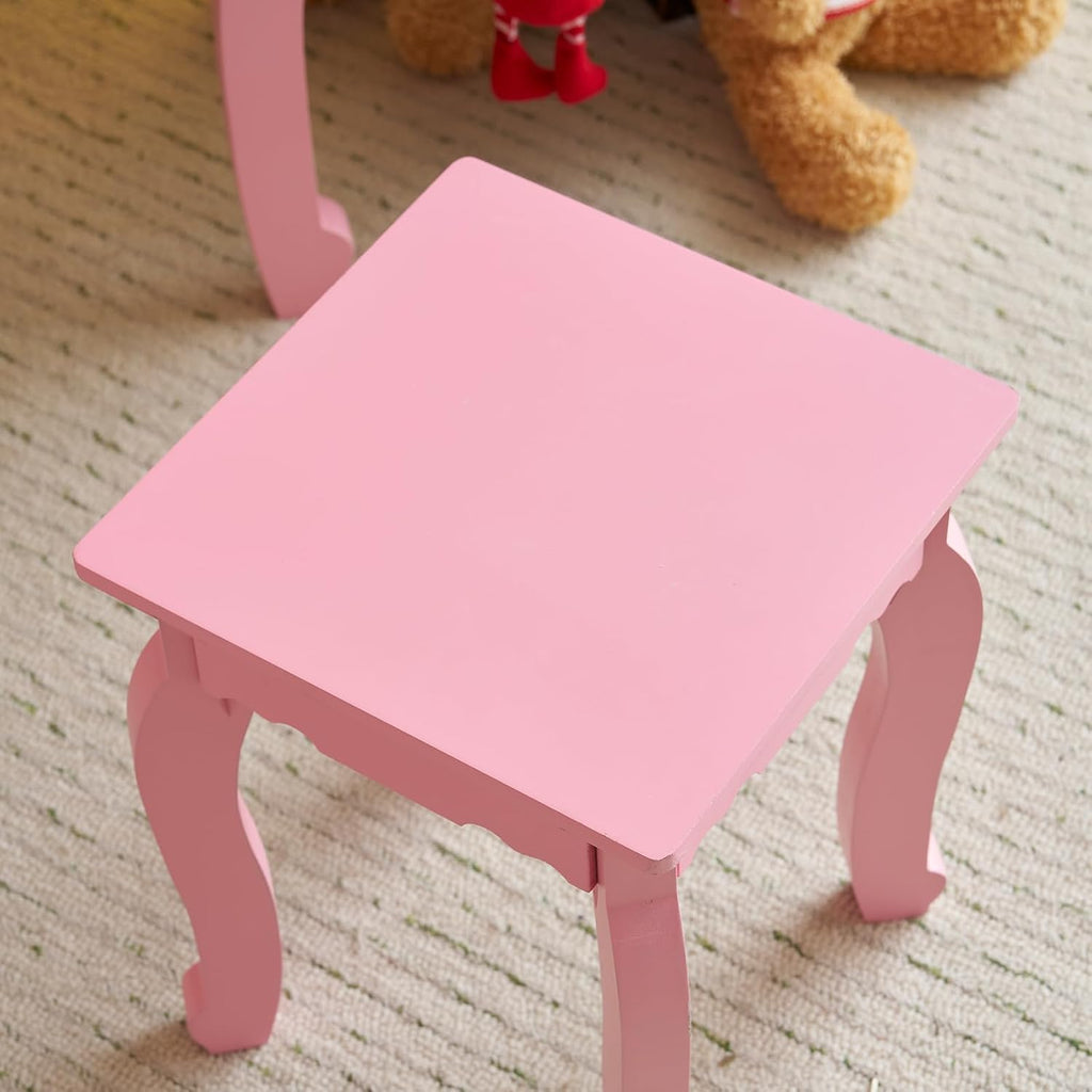 Karl home Kids Vanity Table and Chair Set, Princess MDF Dressing Table with 3-Color LED Lighted Mirror and 3 Drawers, Lovely Waved Design for Toddler's Bedroom and Playroom Decor, Macaroon Pink