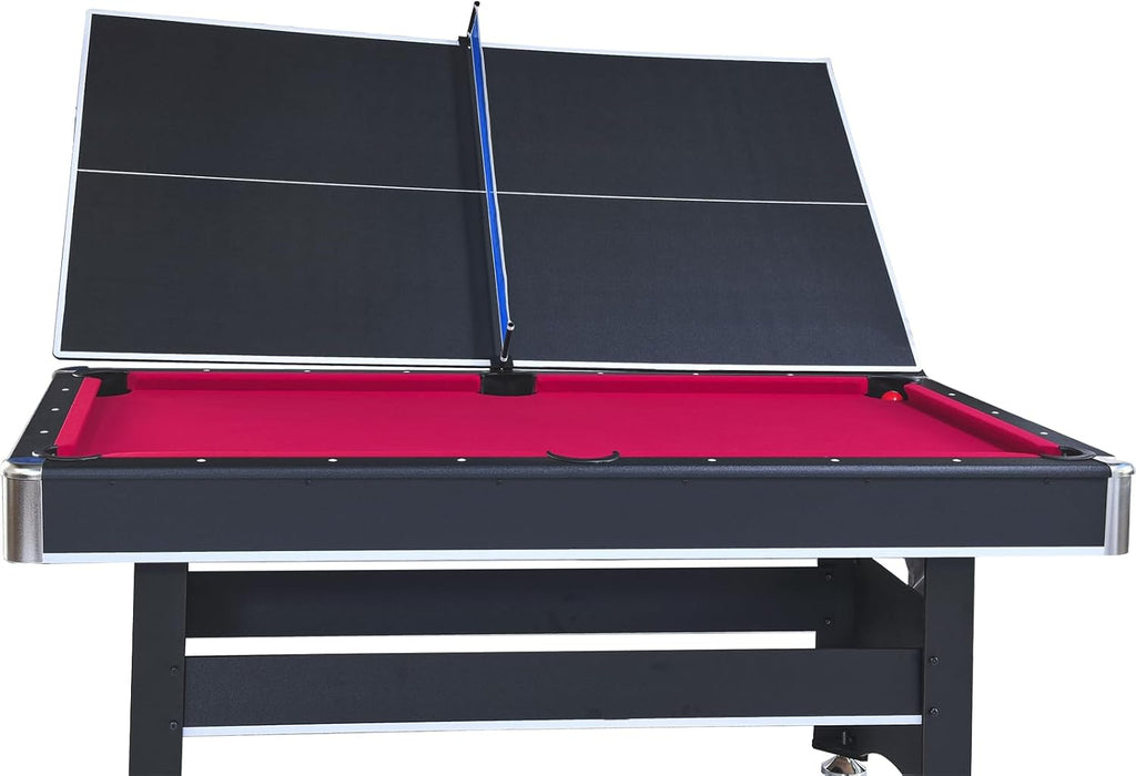 6 ft Pool Table with Table Tennis Top - Black and Red, Space-Saving, Ages, Elegant Design