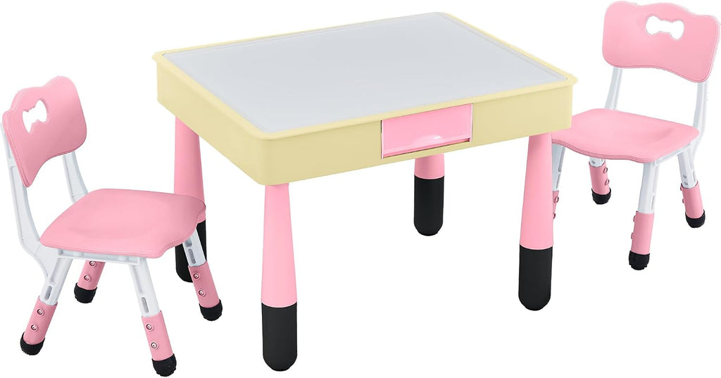 4 in 1 Kids Table and 2 Chairs Set, Toddler Table and Chair Set for Kids Ages 3-10, Activity Tables for Building Blocks/Drawing/Reading/Dining，Gift for Boy & Girl (Pink)