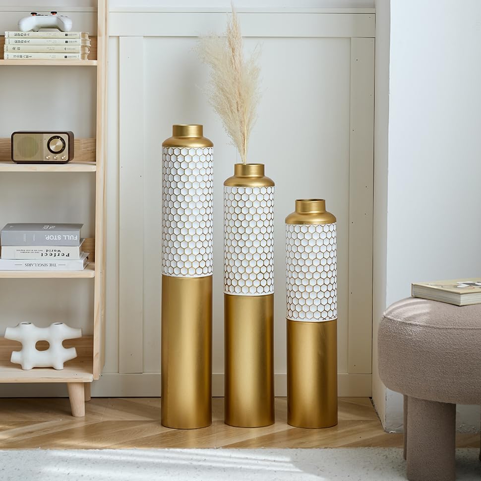 Floor Metal Decorated Vases Set of 3 for Gorgeous Home Decoration Large Glazed Metal Vases (Gold+White)