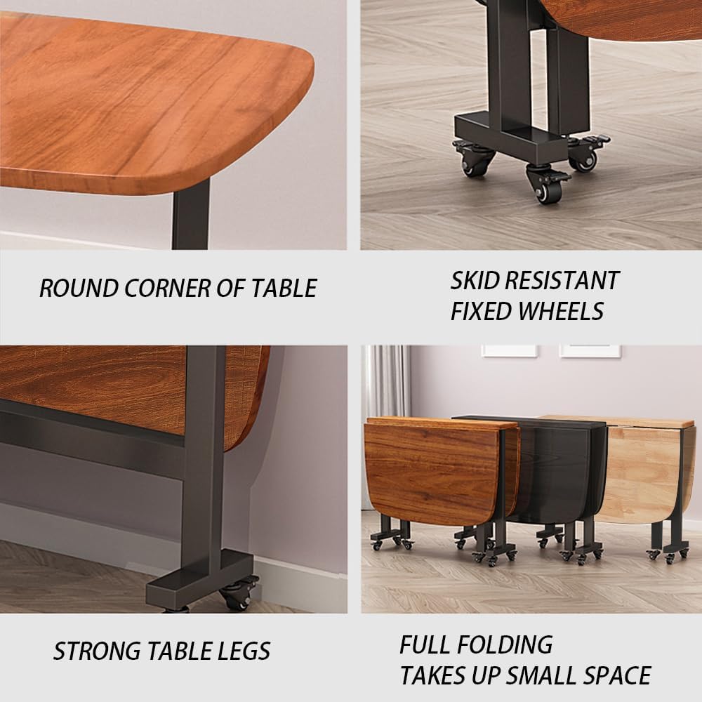 Multifunction Table Drop Leaf Dining Table - 47' Wooden Foldable Kitchen Table with 6 Wheels (Brown)
