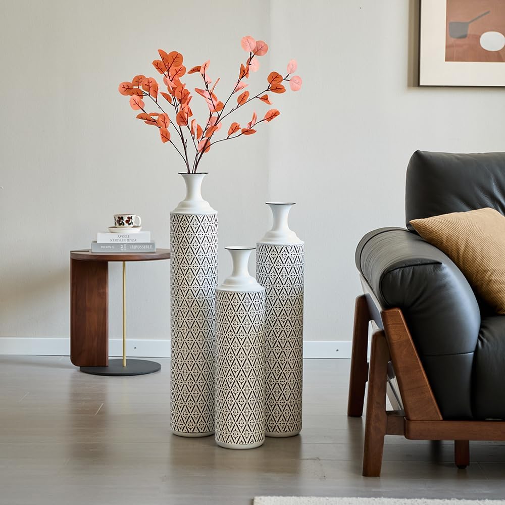 Floor Metal Decorated Vases Set of 3 for Gorgeous Home Decoration Large Glazed Metal Vases (White+Black)