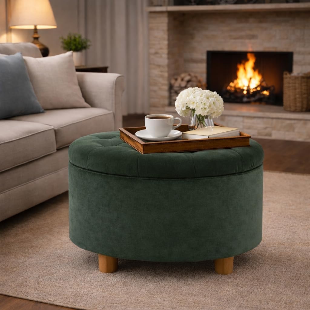 HomePop Home Decor | Large Button Tufted Velvet Round Storage Ottoman | Ottoman with Storage for Living Room & Bedroom, Loden Green Velvet, 28'