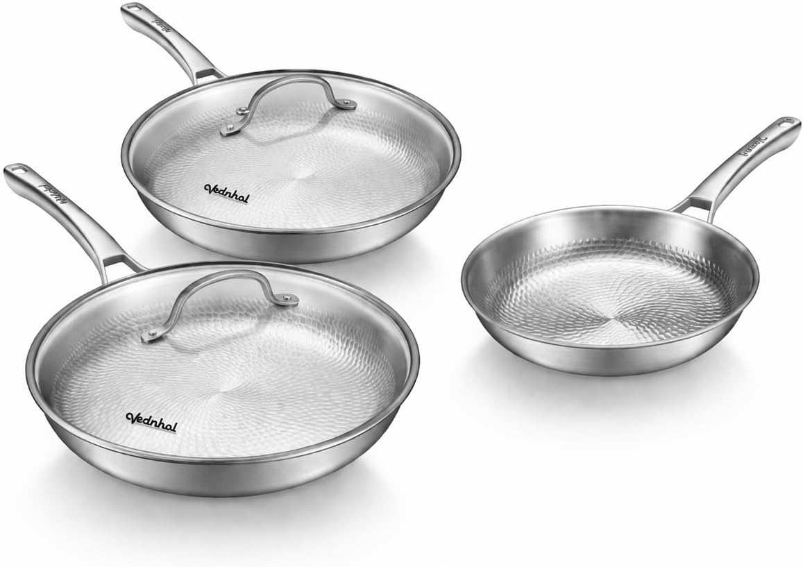 8/10/12Inch Pure Titanium Hammered Pro Pan with Two Lids, Non-Toxic Skillet for Cooking, PFAS/PFOA/PTFE Free Cookware, Dishwasher&Oven Safe, Kitchen Induction Compatible