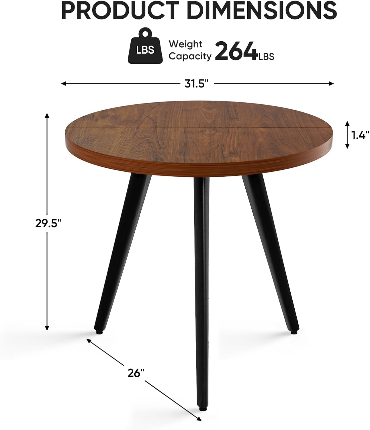Round Dining Table, Small Dining Table for 2, 31.5' Round Table, Mid-Century Modern Kitchen Table with 1.4' Thickness Wood Grain Tabletop for or Small Space, Dining Room, Kitchen, UG Brown