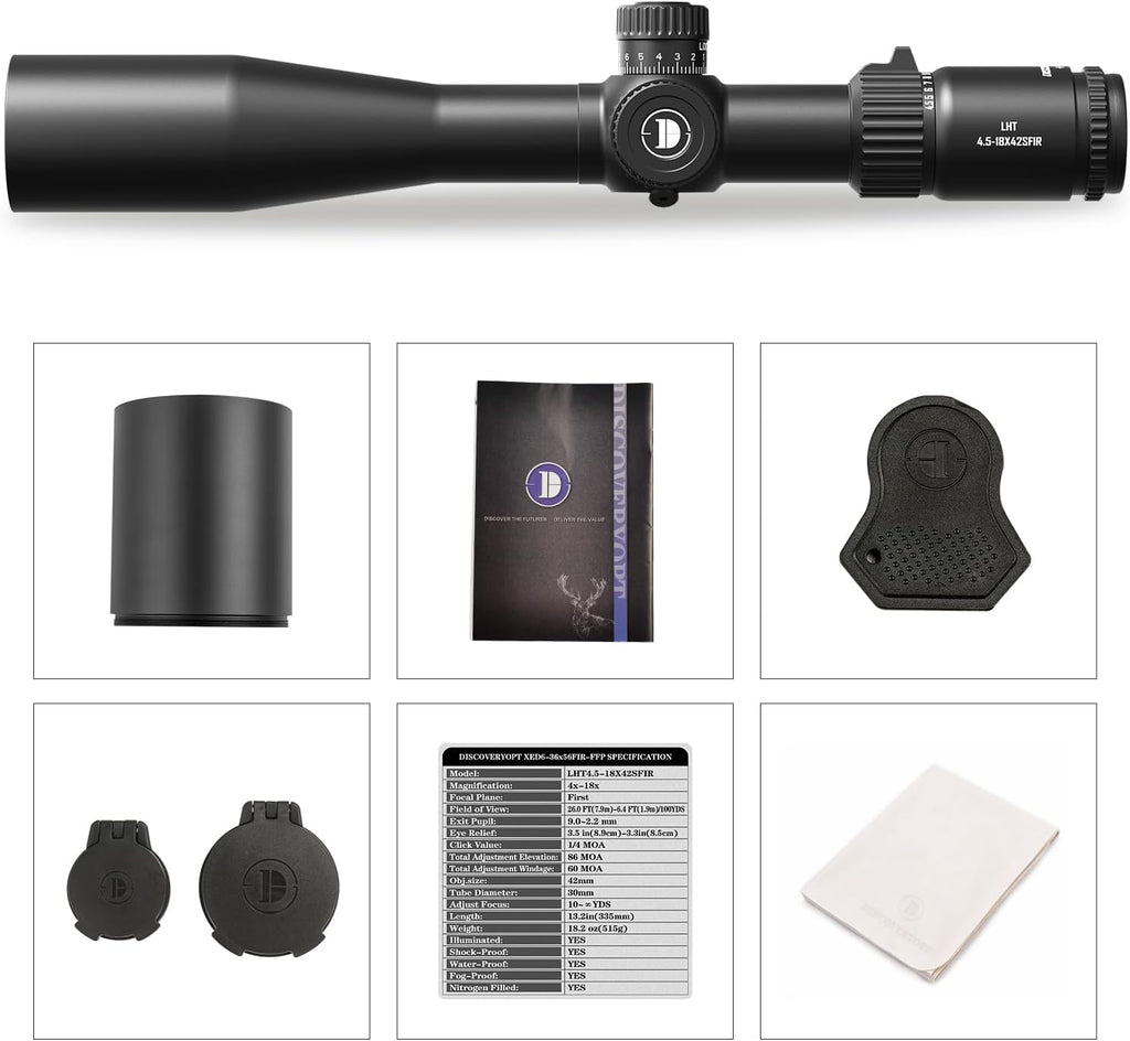 DISCOVERYOPT LHT 4.5-18X42SFIR Rifle Scope - First Focal Plane 30mm Tube, Red Illumination (6 Levels), 1/4 MOA Reticle, Waterproof & Fogproof, Lightweight for Close-Range Hunting