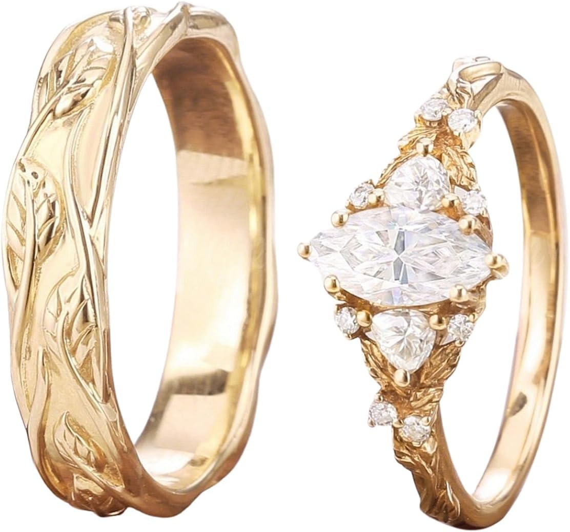SISGEM Moissanite Couple Rings Set, 10K 14K 18K Solid Gold Moissanite Wedding Rings for Him And Her, Vintage Leaf/Branch Wedding Bands Matching Couple Rings Anniversary Jewelry Gift for Women And Men