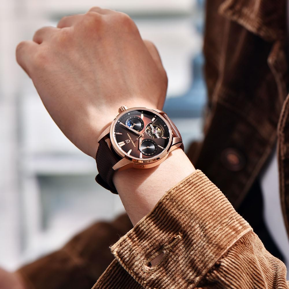 Pagani Design Luxury Men's Automatic Watch Skeleton Tourbillon Moon Phase Stainless Steel 100m Waterproof Leather Strap Men's Mechanical Watch