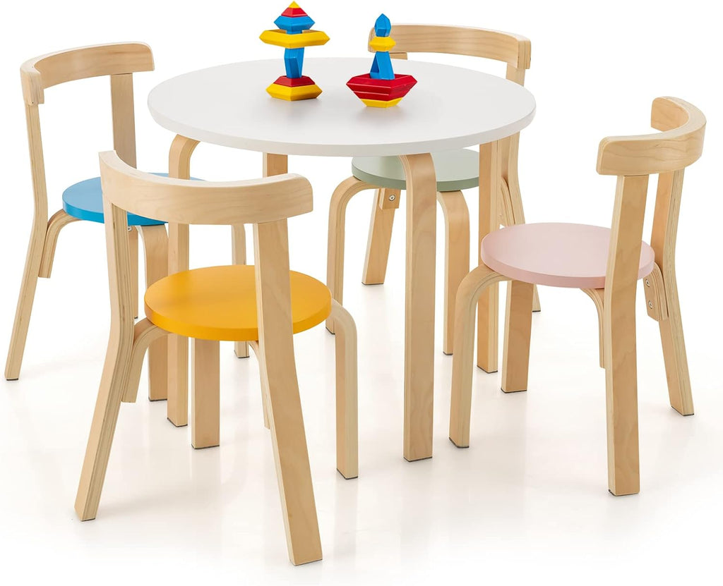 Costzon Kids Table and Chair Set, 5-Piece Wooden Activity Desk Set w/Toy Bricks, Classroom Playroom Daycare Furniture for Playing, Drawing, Reading, Bentwood Toddler Table and Chairs (Assorted)