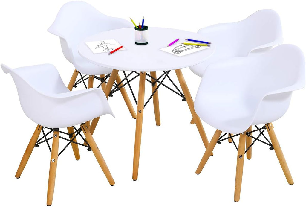 Costzon Kids Table and Chair Set, Mid-Century Modern Style Table Set Round Table with Armchairs for Toddler Children, Kids Dining Table and Chair Set (White, Table & 4 Chairs)