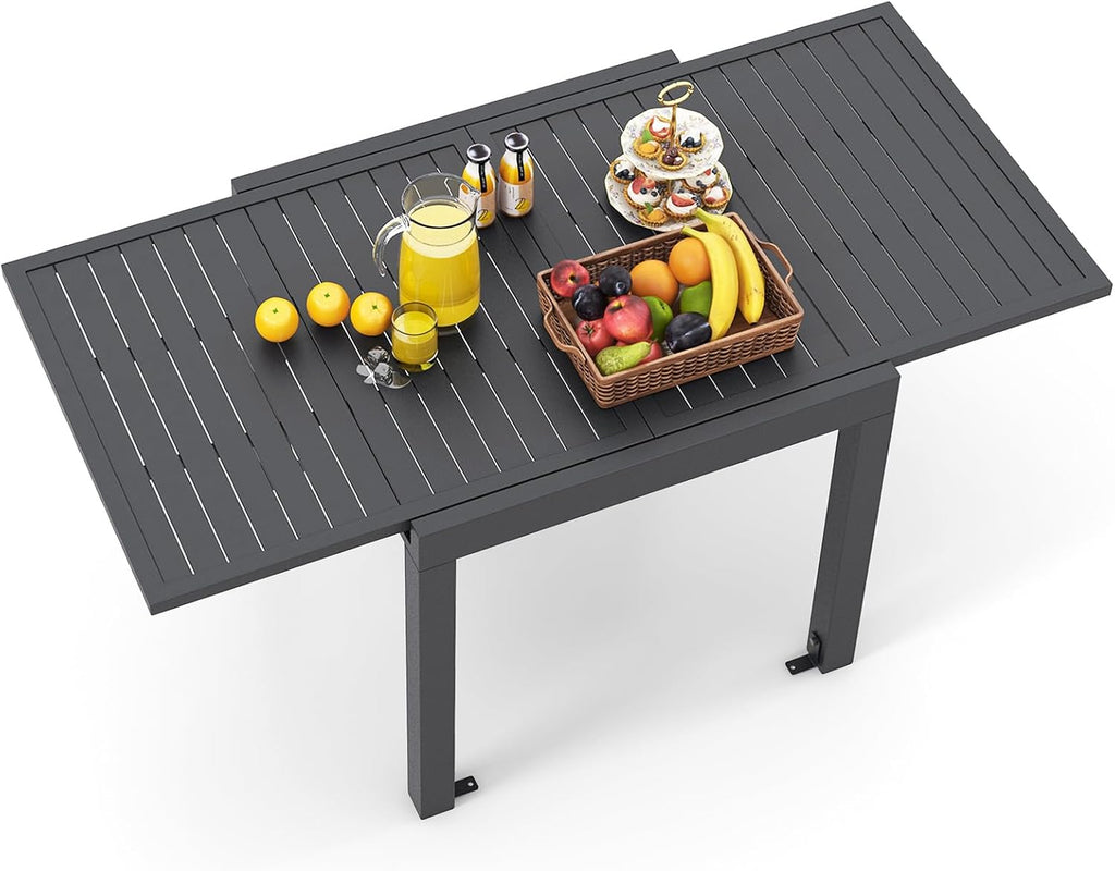 HAPPYGRILL Expandable Patio Dining Table Aluminum Outdoor Table for 4-6 Person with Slatted Tabletop, Square Rectangular Folding Patio Table for Porch, Lawn, Garden