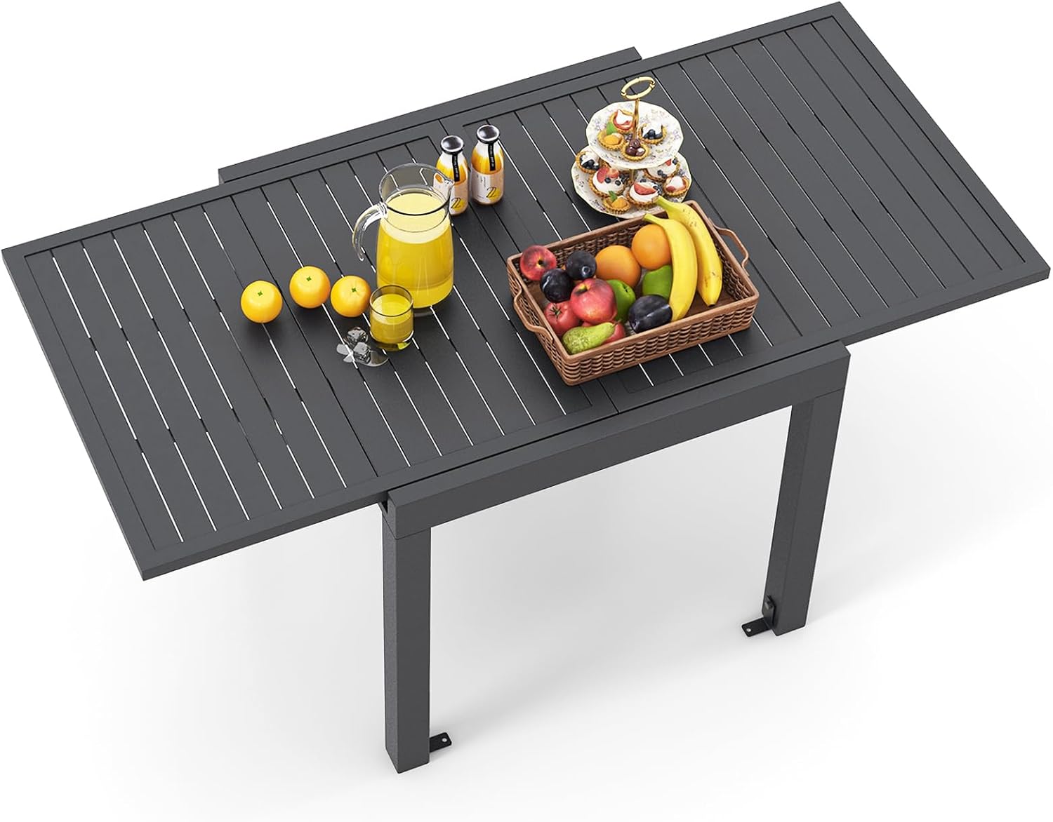 HAPPYGRILL Expandable Patio Dining Table Aluminum Outdoor Table for 4-6 Person with Slatted Tabletop, Square Rectangular Folding Patio Table for Porch, Lawn, Garden