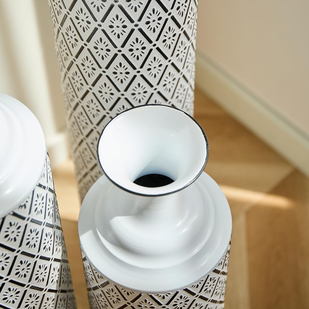 Floor Metal Decorated Vases Set of 3 for Gorgeous Home Decoration Large Glazed Metal Vases (White+Black)