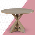 Alfred 46.5 Inch Round Dining Table for 4, Solid Wood Farmhouse Kitchen Table with Distressed Beige Finish and Pedestal Trestle Base
