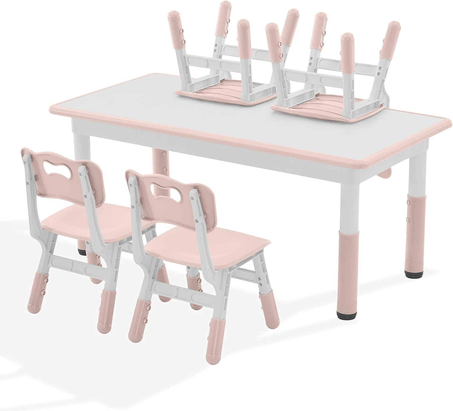 GITAWUSA Kids Study Table and Chairs Set, Height Adjustable Toddler Table and Chair Set for Kids Ages 3-8, Graffiti Desktop Plastic Children Art Table with 4 Seats, Lovely Pink