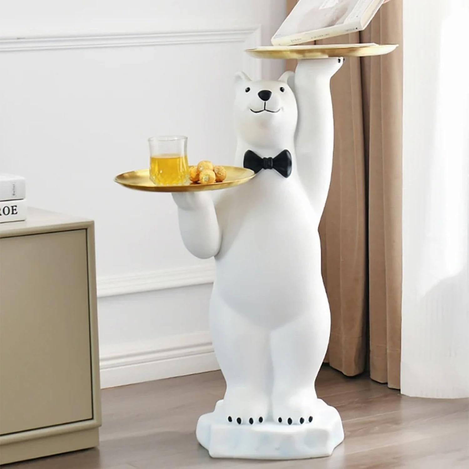 homary White Bear Side Table with 2-Tier Gold Trays, Modern Animal Sculpture End Table, Decorative Accent Table for Living Room, Bedroom, Nursery & Home Décor