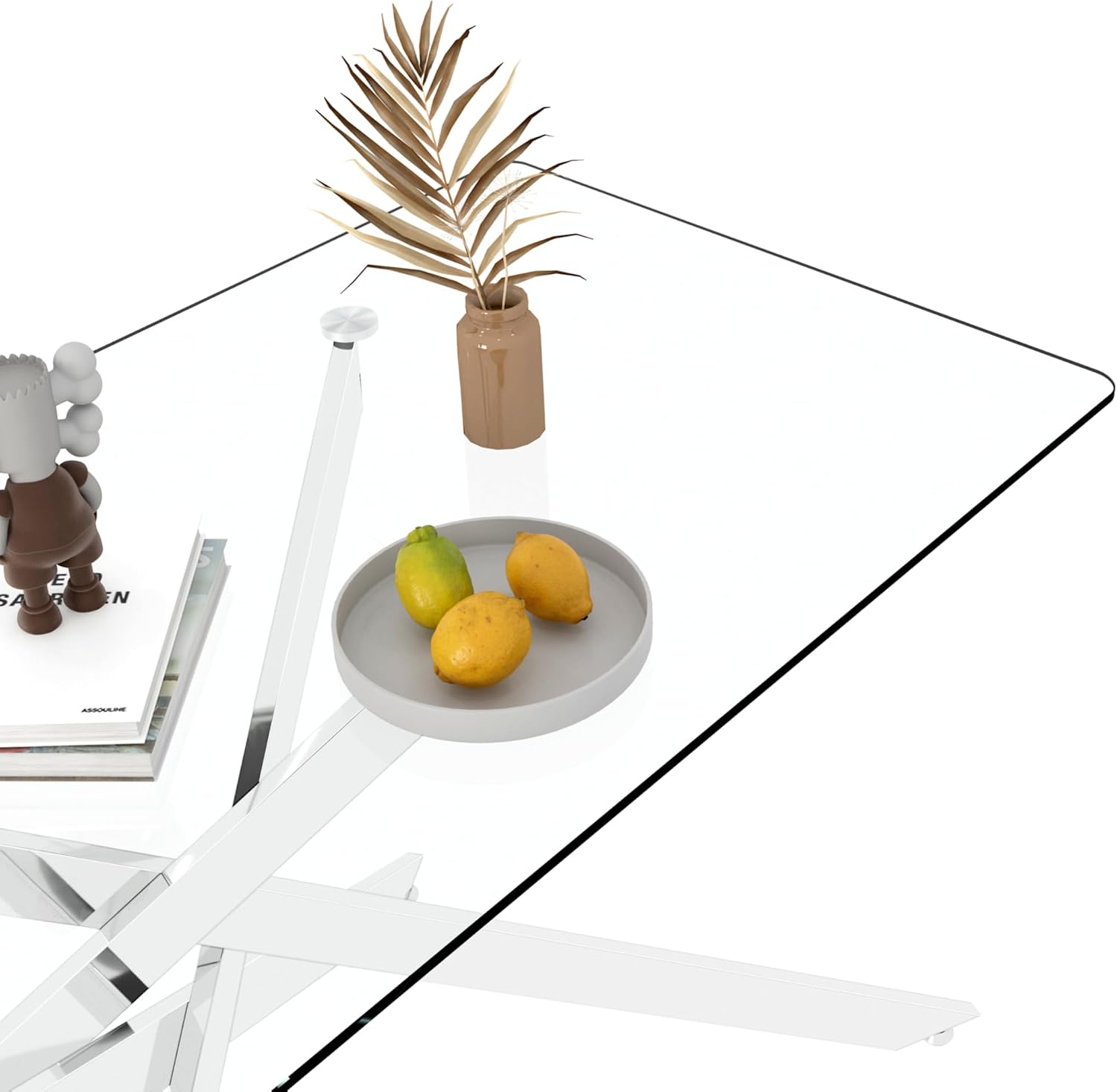 60' Glass Dining Table Modern Kitchen Table for 4-6 People, Contemporary Rectangular Dining Room Dinner Tables with Clear Glass Top & Silver Metal X Legs for Kitchen Apartment