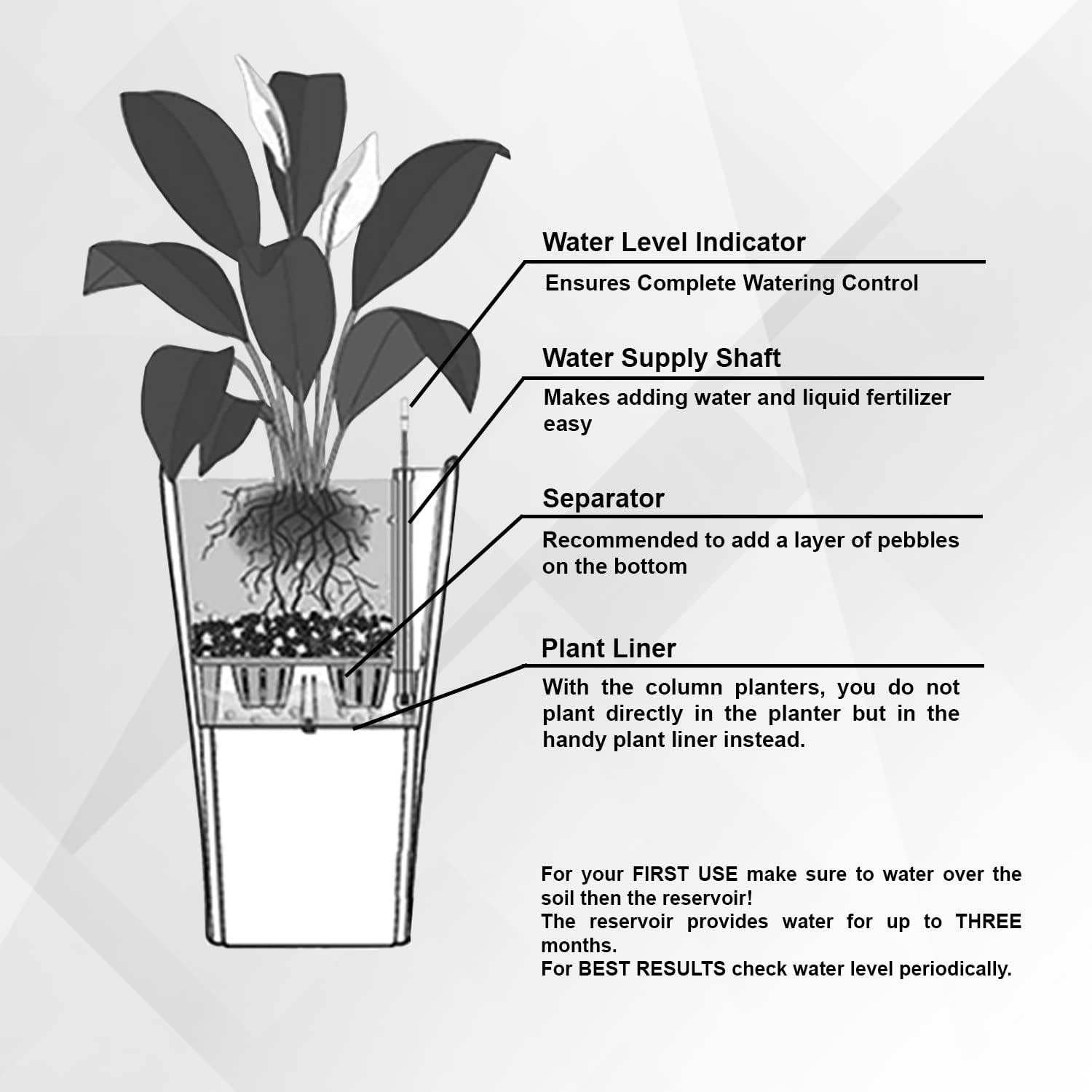 XBrand 30' H Black Plastic Self Watering Indoor Outdoor Diamond Look Round Planter Pot, Tall Decorative Gardening Pot, Home Décor Accent