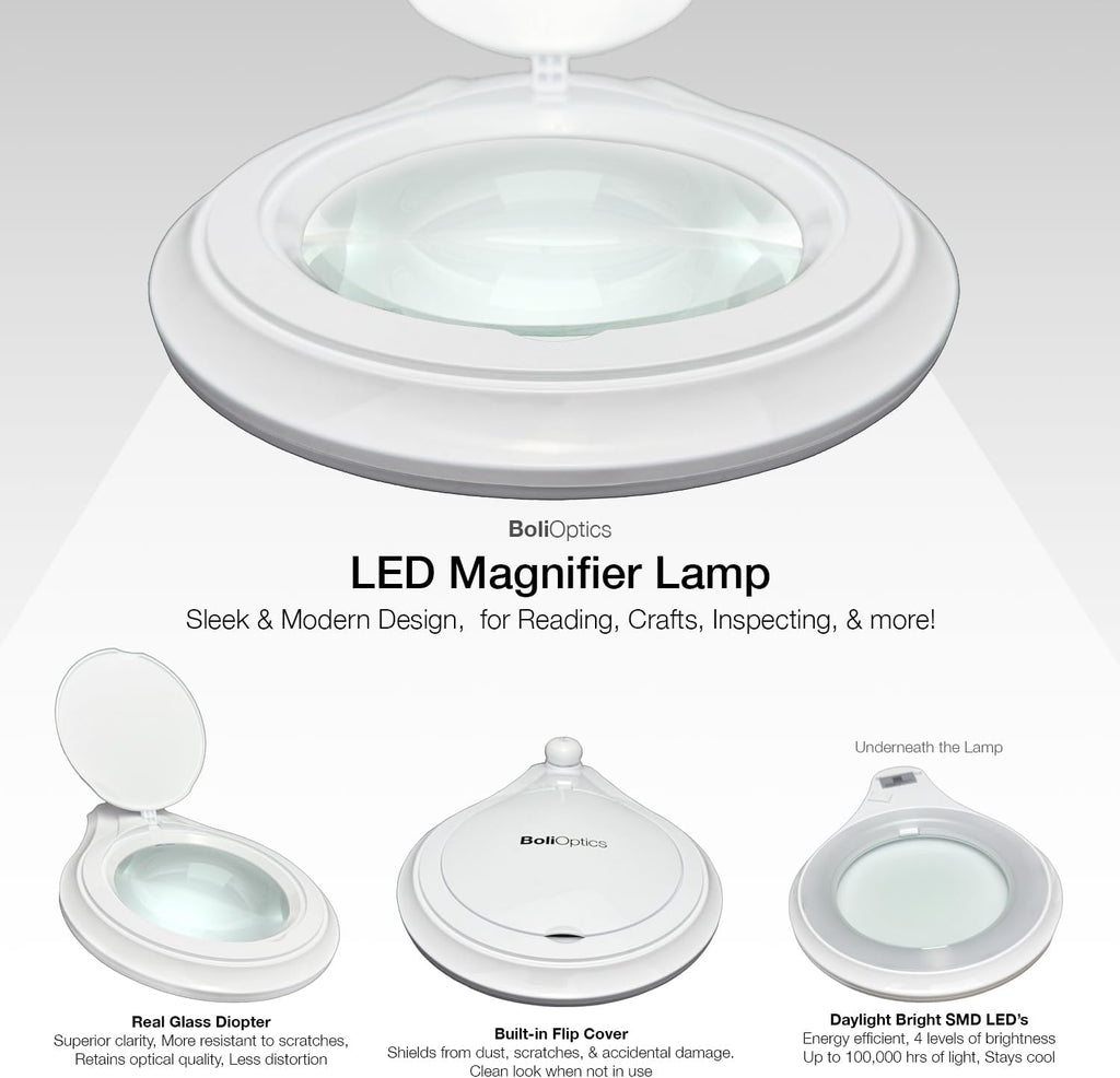 BoliOptics (Glass Lens) Professional LED Magnifying Lamp with Clamp, Dimmable, 1200 Lumens, 5600K-6000K Daylight Bright 60 SMD LED, Work Light Mounting Bracket Clamp (5 Diopter) MG16303221