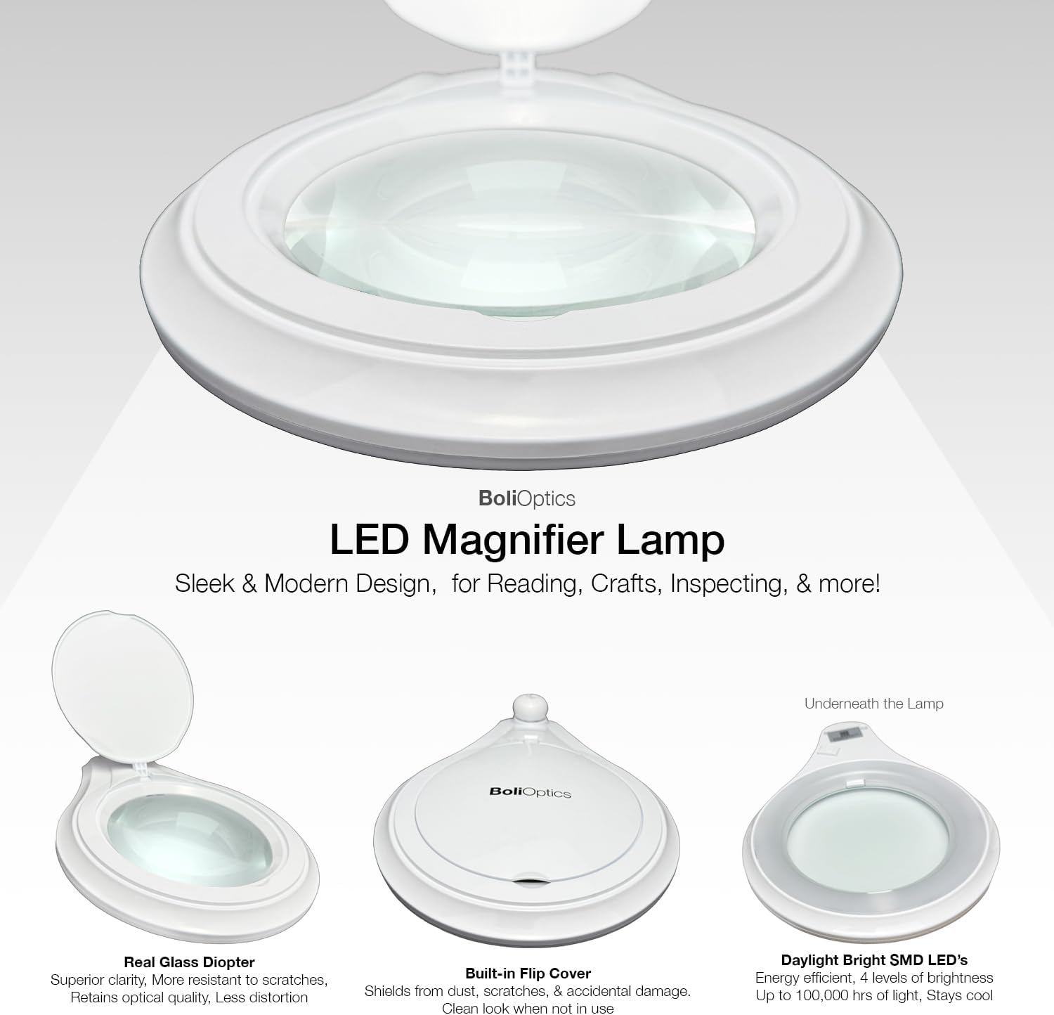 BoliOptics (Glass Lens) Professional LED Magnifying Lamp with Clamp, Dimmable, 1200 Lumens, 5600K-6000K Daylight Bright 60 SMD LED, Work Light Mounting Bracket Clamp (5 Diopter) MG16303221
