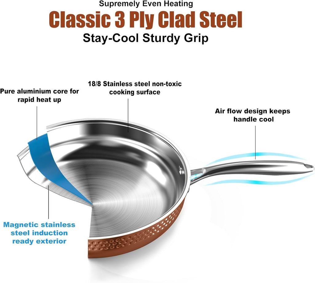 imarku Stainless Steel Pots and Pans Set, 14PCS Kitchen Cookware Sets with Lids, Non-Toxic Tri-Ply Clad Hammered Stainless Steel, Suits Ceramic and Induction, Best Gifts for Women Men