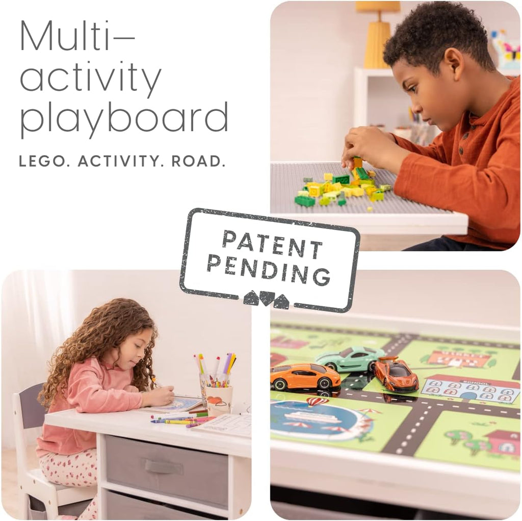 Milliard Kids 3-in-1 Play Table and Chair Set Wood with Storage Baskets, Compatible with Lego and Duplo Bricks, Activity Table Playset Furniture with Modern Gray Colors