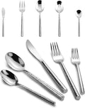 18/10 Stainless Steel Flatware Set Hand Forged Silverware Serving Set Cutlery Set Round Hammered Handle Mirror Finished Heavy Duty 45 Pieces Service for 8