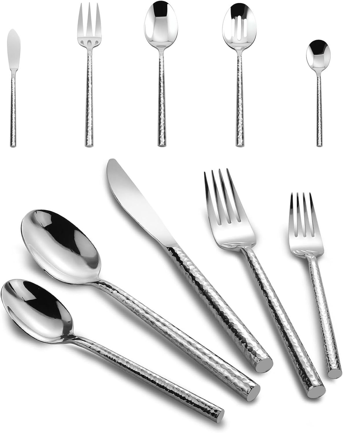 18/10 Stainless Steel Flatware Set Hand Forged Silverware Serving Set Cutlery Set Round Hammered Handle Mirror Finished Heavy Duty 45 Pieces Service for 8