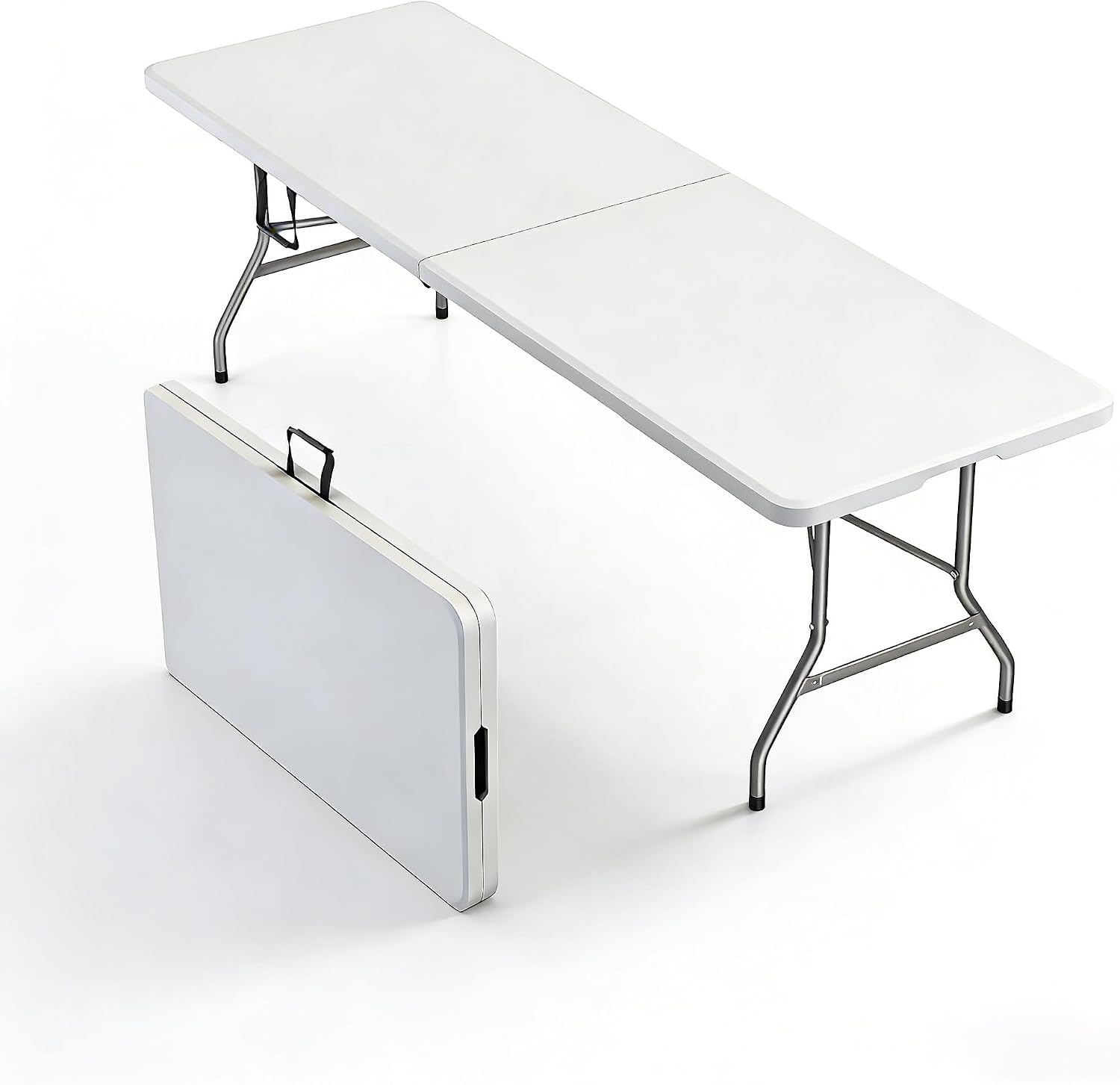 8FT Heavy Duty Folding Table,Fold-in-Half Portable Plastic Utility Table with Carry Handle&Locking Legs,Indoor Outdoor Table for Watch Party,Tailgate,BBQ,Camping,Events,Backyard Dining–White