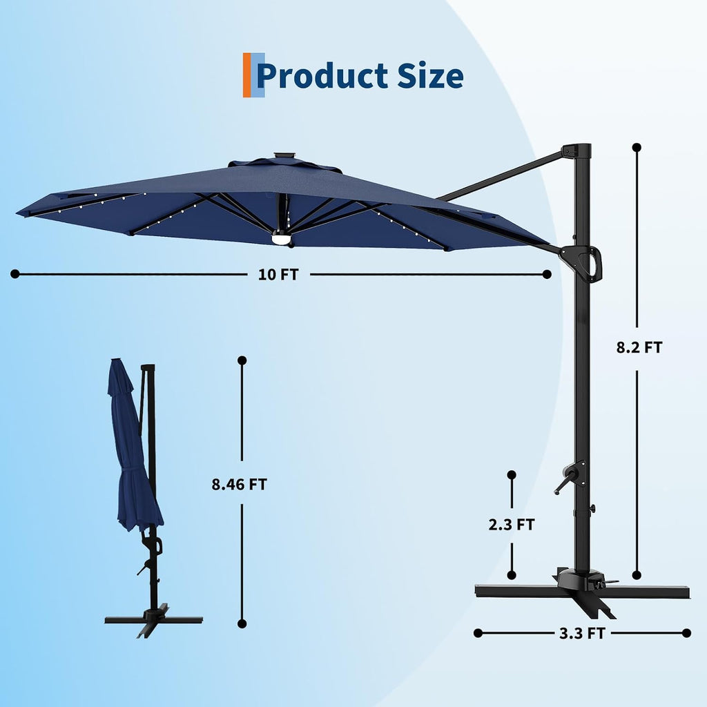 Garvee 10 ft Cantilever Patio Umbrella with Solar Lights, 360° Rotation Offset Umbrella, Easy Crank & Tilt Adjustment, UV Protection for Backyard, Poolside, Deck -Navy Blue
