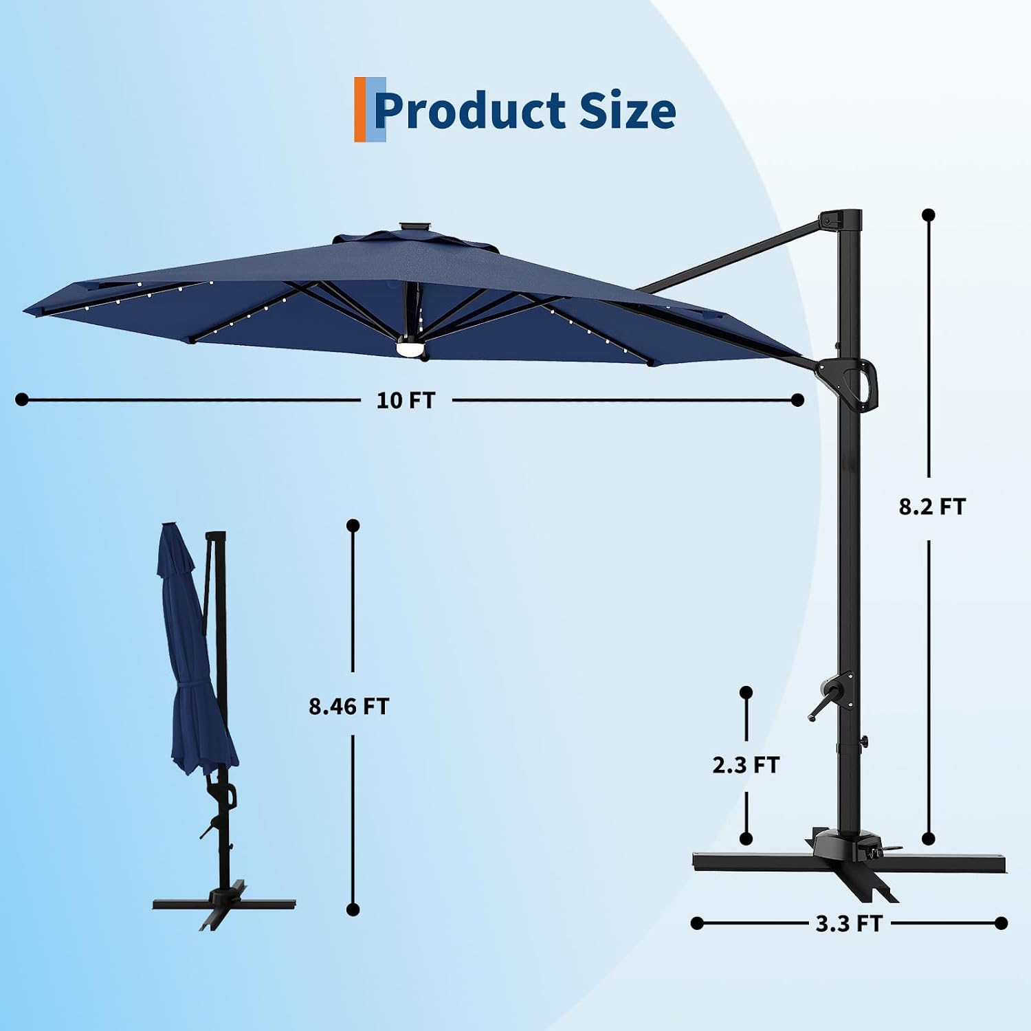 Garvee 10 ft Cantilever Patio Umbrella with Solar Lights, 360° Rotation Offset Umbrella, Easy Crank & Tilt Adjustment, UV Protection for Backyard, Poolside, Deck -Navy Blue