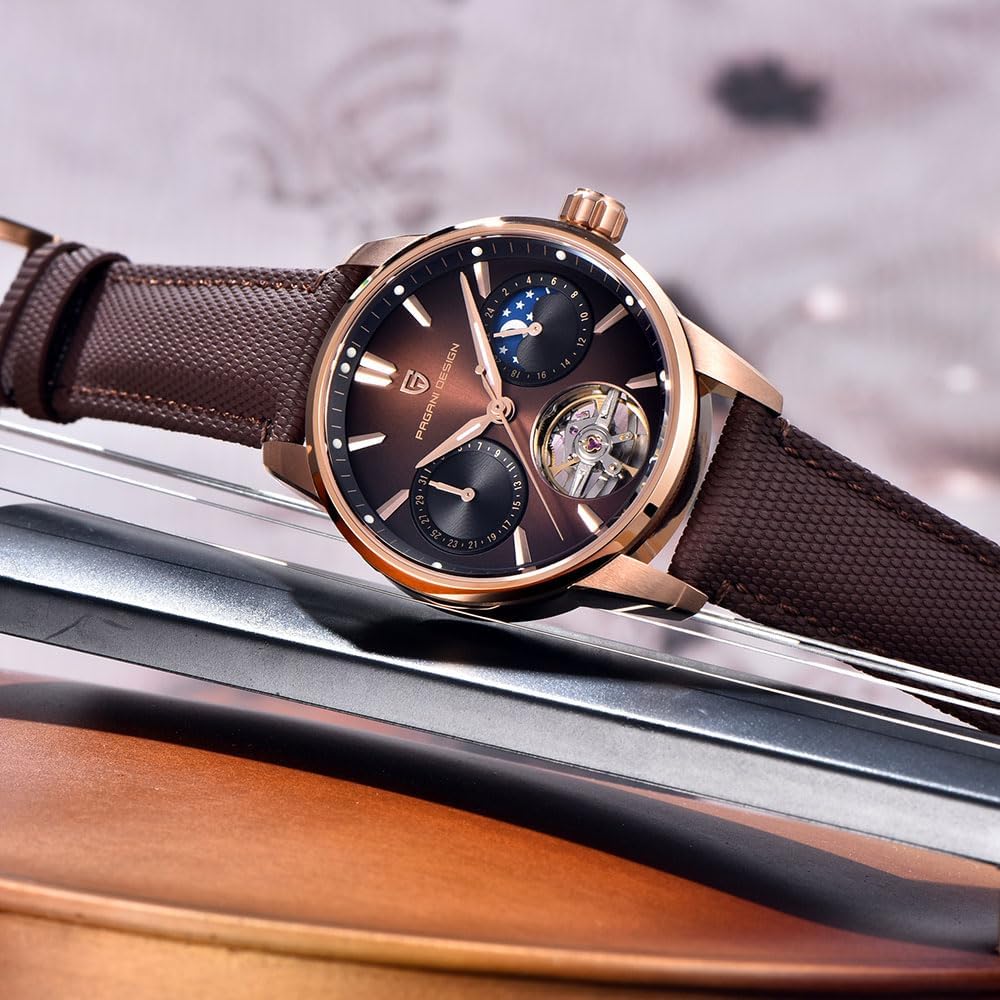 Pagani Design Luxury Men's Automatic Watch Skeleton Tourbillon Moon Phase Stainless Steel 100m Waterproof Leather Strap Men's Mechanical Watch