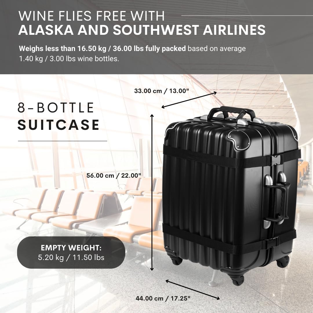VinGardeValise® Petite Wine Suitcase – 8-Bottle Travel Luggage, TSA-Approved, Durable Hard Shell, Shockproof Foam, Secure Bottle Protection for Enthusiasts & Collectors - Black