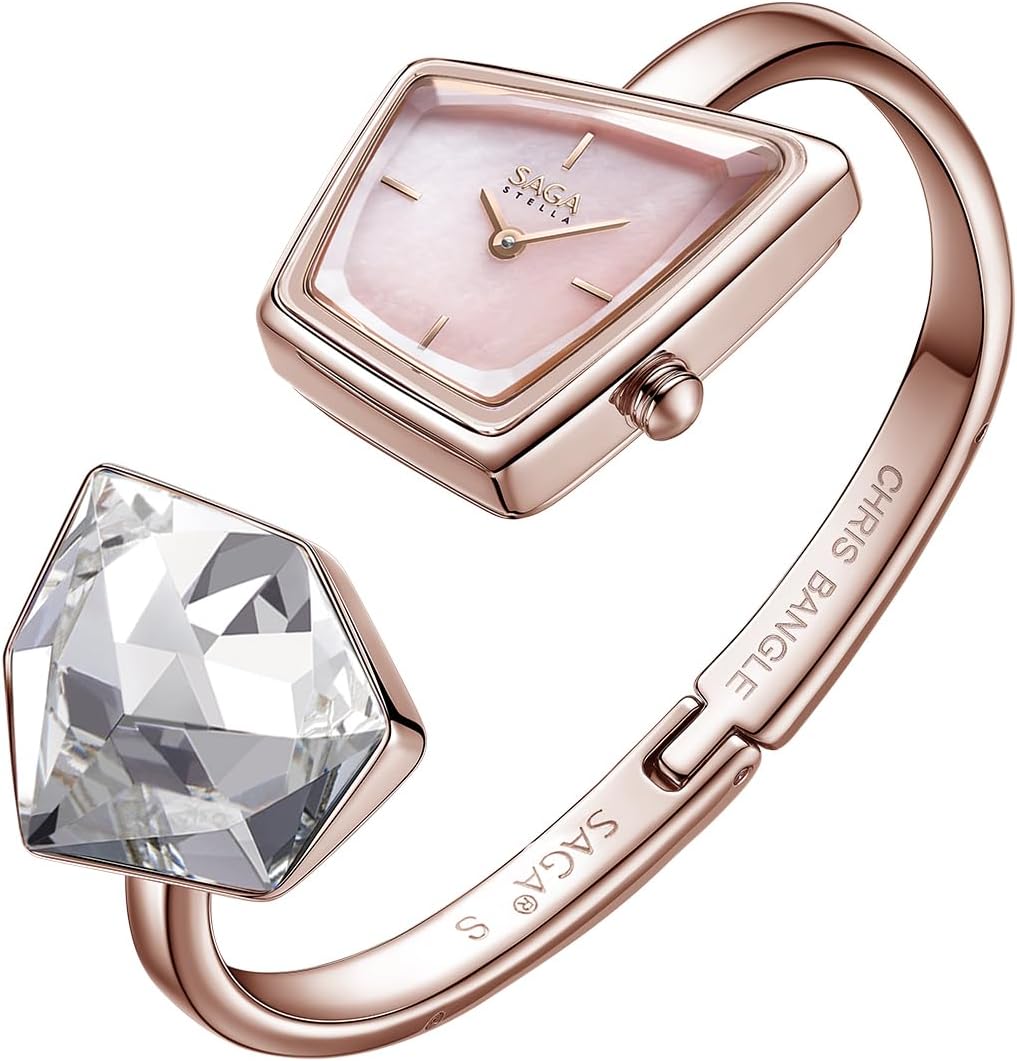 SAGA Illusion Women's Luxury Jewelry Bangle Watch, Mineral Case, 316L Stainless Steel Bracelet with Danube Crystals, Swiss Quartz Movement, 30M Water Resistant, Unique Gift for Her