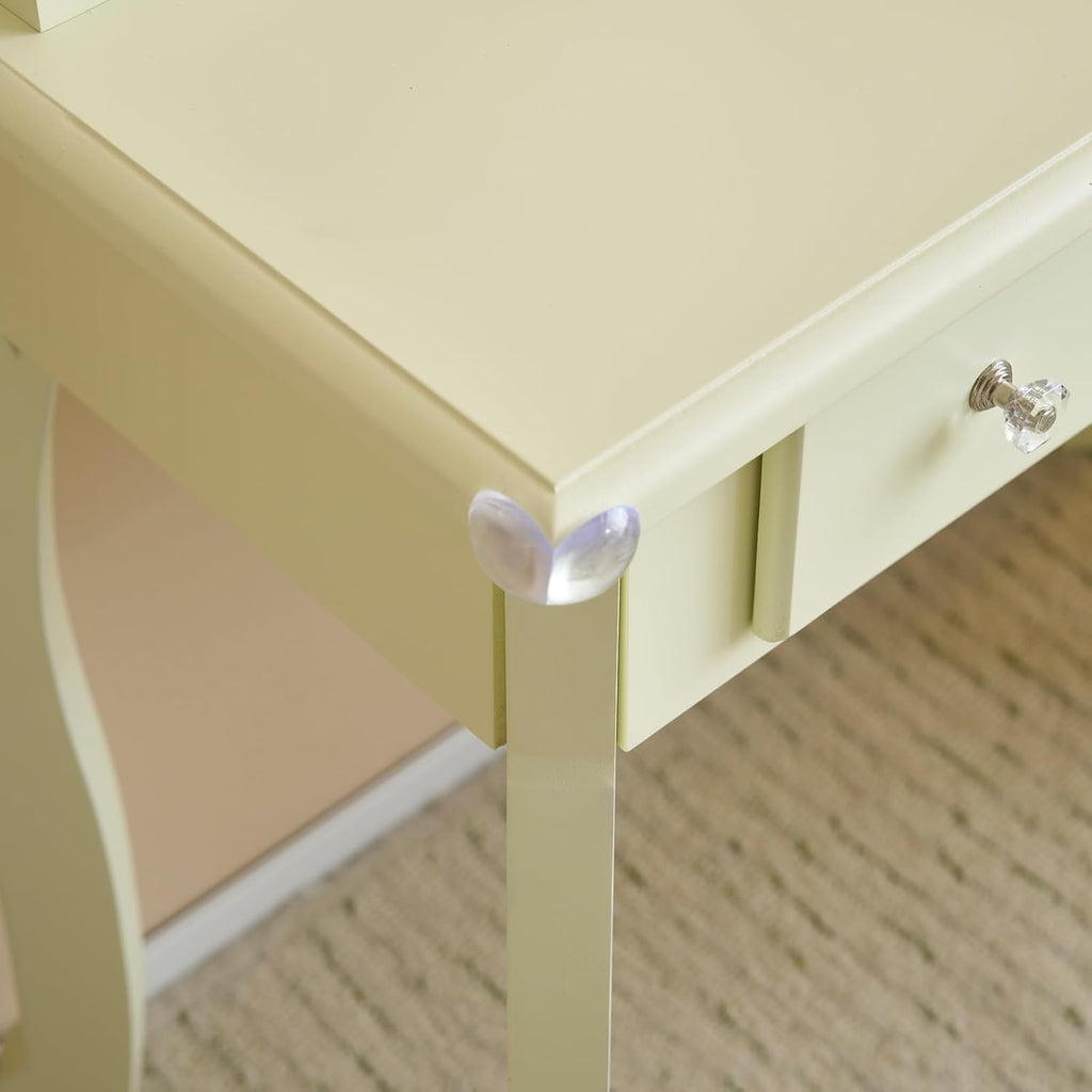 Karl home Kids Vanity Table and Chair Set, Princess MDF Dressing Table with 3-Color LED Lighted Mirror and 3 Drawers, Lovely Waved Design for Toddler's Bedroom and Playroom Decor, Macaroon Yellow