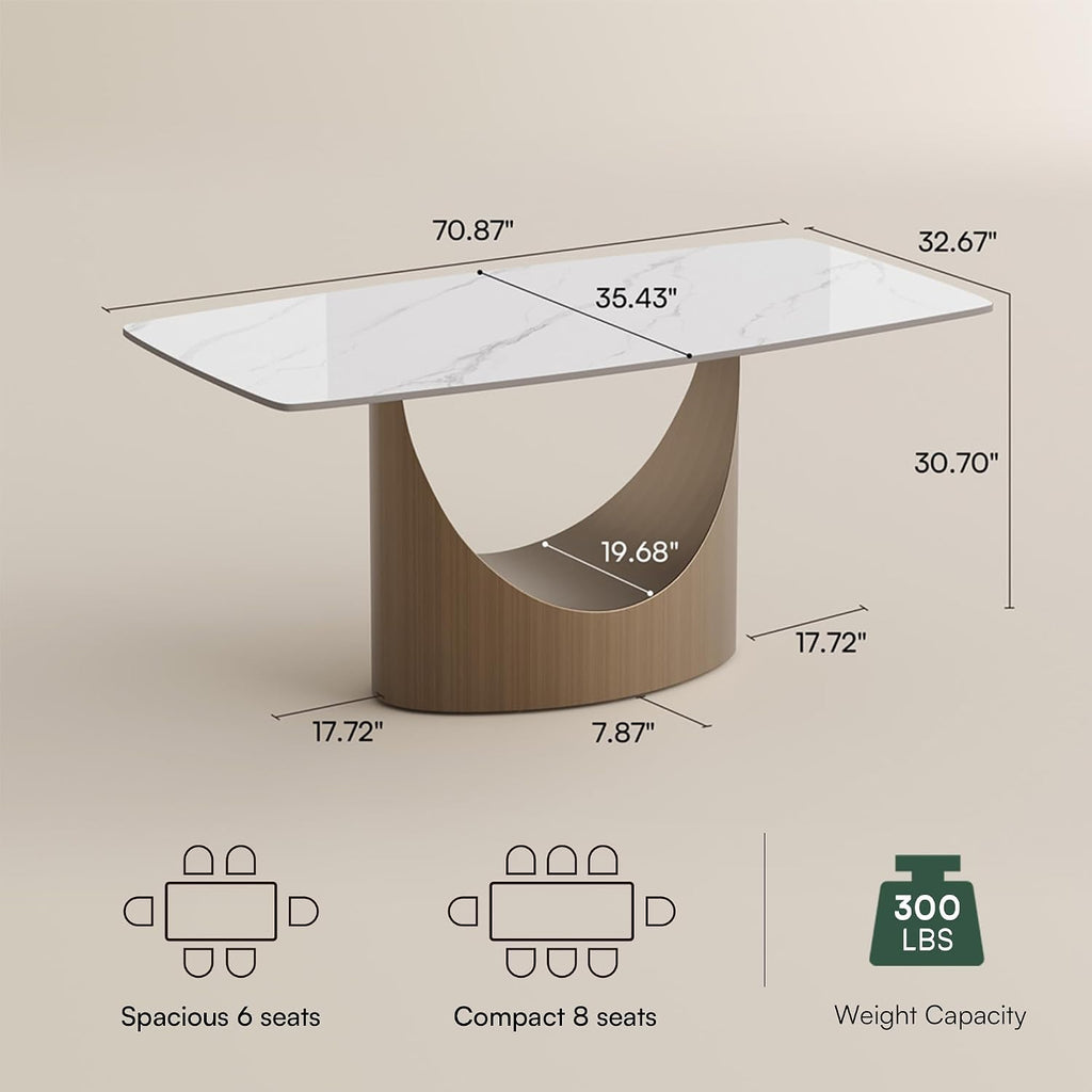 POVISON 71' Hobart Modern Rectangular Dining Table for 6, Glossy White Sintered Stone Tabletop with Bronze Carbon Steel Pedestal for Dining Room (Table Only