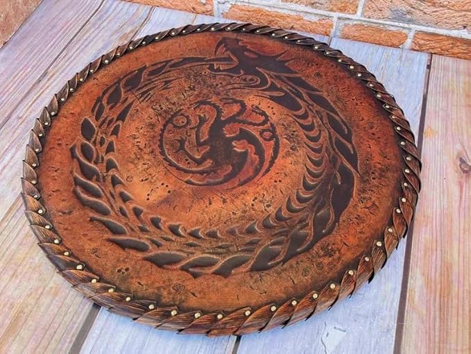 Medieval Dragon Shield, 22 Inch Decorative Leather Covered Wood Wall Shield, Round, Fantasy Home Decor Shield