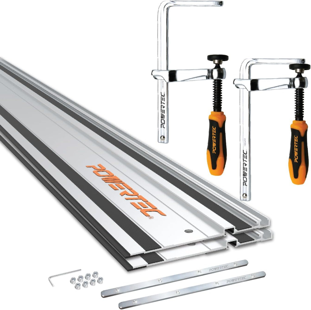 POWERTEC 110' Track Saw Guide Rail Kit for Festool and Makita, Includes 2PK 55' Guide Rails, 2PK Guide Rail Connectors, 2PK Track Saw Clamps (72058)