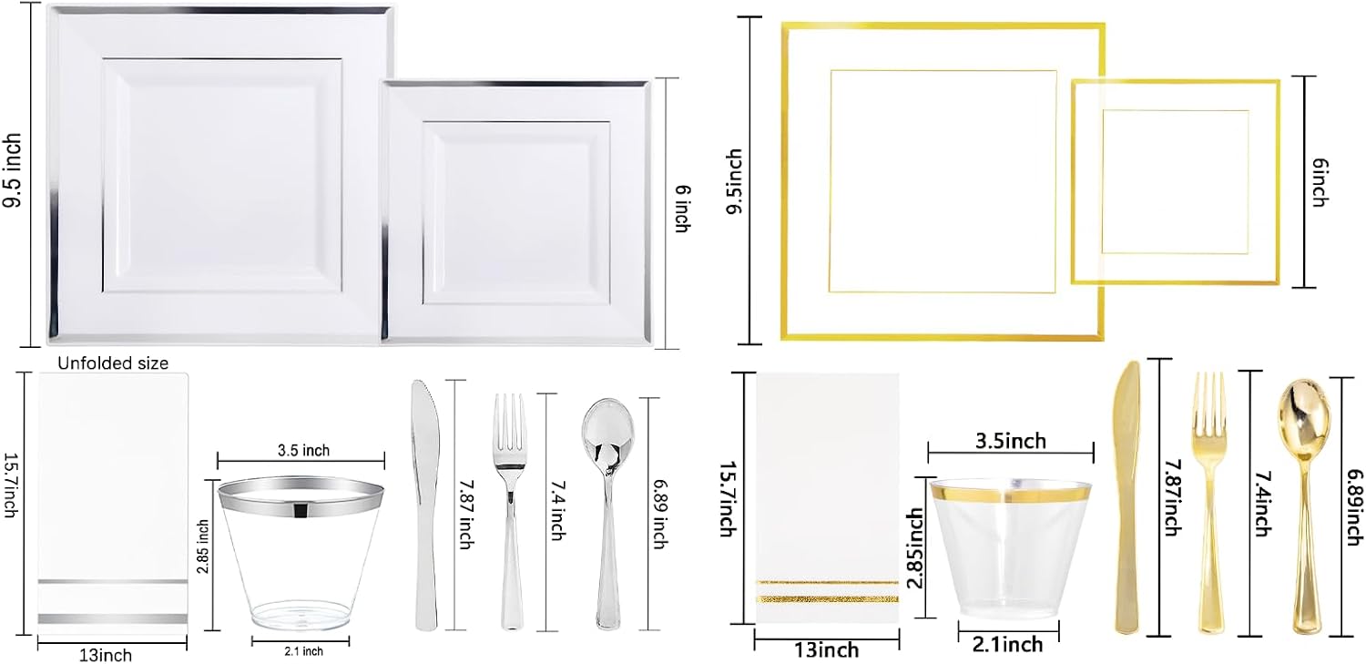 Festiva 350Pcs Silver Plates &350Pcs Clear Plastic Plates with Gold Trim