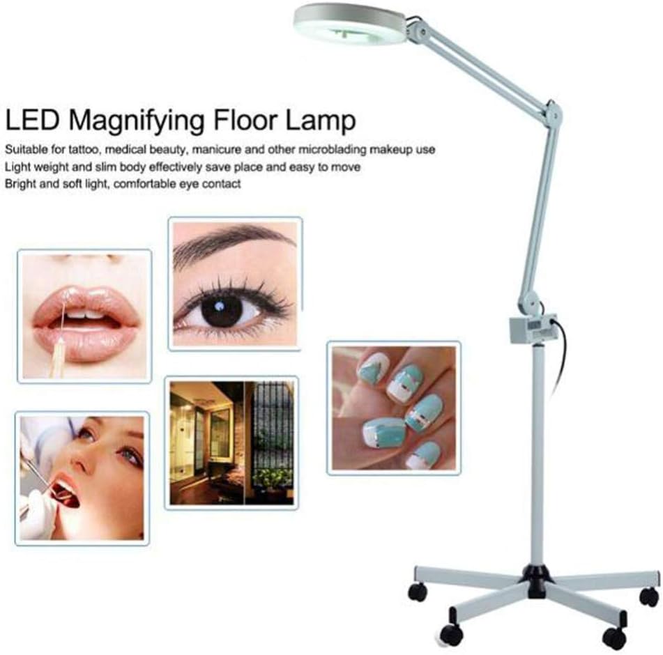 Magnifying Floor Lamp Adjustable Swivel Arm Beauty Magnifier Light 5X Magnifier LED Light with Rolling Floor Stand