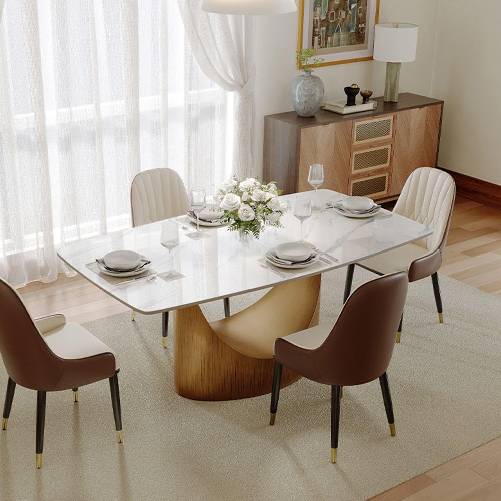 POVISON 63' Modern Dining Table for 4, Glossy White Dining Table, Sintered Stone Dining Tabletop with Bronze Carbon Steel Pedestal Table for Dining Room (Table Only)