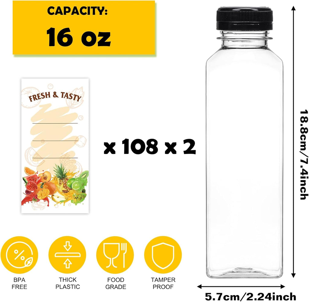 BAKHUK 216pcs 16oz Empty Plastic Juice Bottles with Caps, Plastic Water Bottles with Lids, Reusable Clear Bulk Beverage Containers for Juice, Milk and Other Beverages(2 Package)