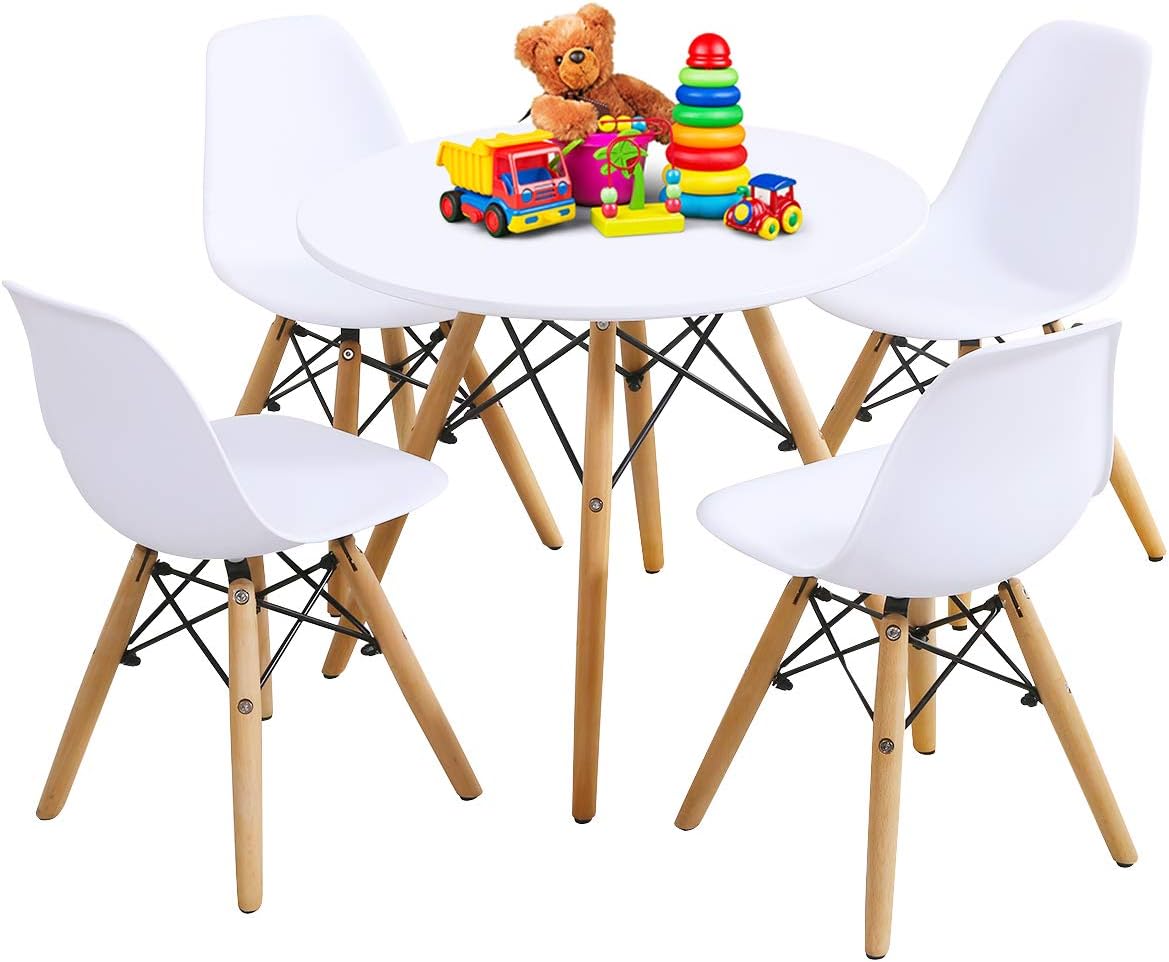 Costzon Kids Table and Chair Set, 5 PCS Mid-Century Modern Style Kids Desk Set w/Wood Legs, Iron Frame for Dining Drawing Playing & Strong Bearing Capacity, Toddler Table and Chairs (White)