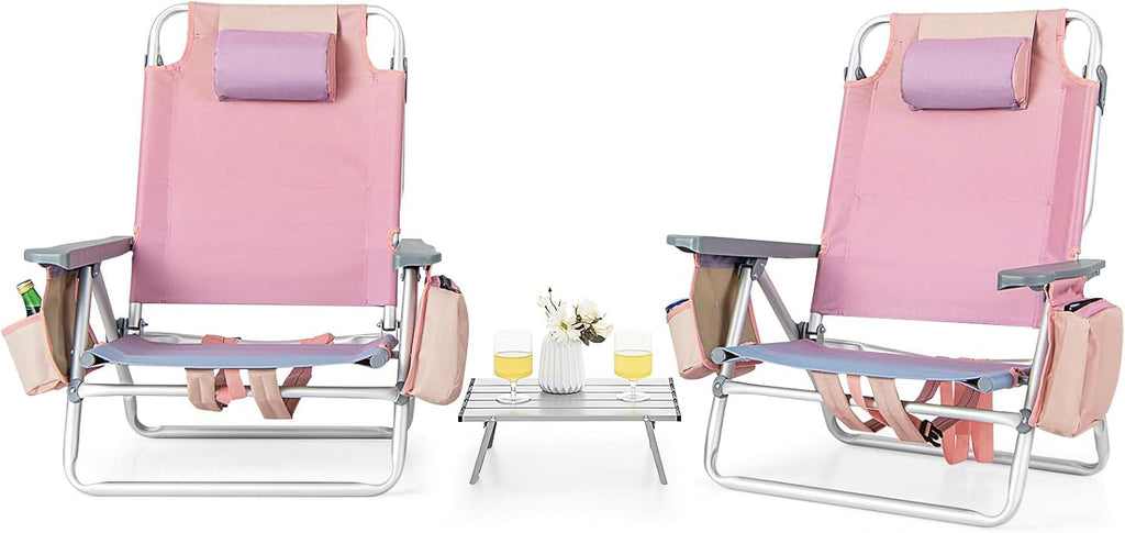 Tangkula Backpack Beach Chair with Table, 5-Position Lay Flat Chairs with Cooler Bag, 2 Cup Holders, Towel Bar, Lightweight Low Folding Chair with Backpack Straps, Pink