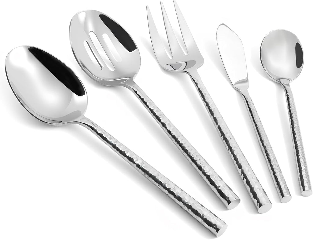 18/10 Stainless Steel Flatware Set Hand Forged Silverware Serving Set Cutlery Set Round Hammered Handle Mirror Finished Heavy Duty 45 Pieces Service for 8