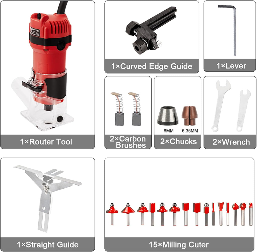 Wood Router,800W Compact Palm Router Tool, 31000RPM Wood Trimmer With 15PCS 1/4' Router Bits, Electric Corded Woodworking Router For Slotting & Trimming